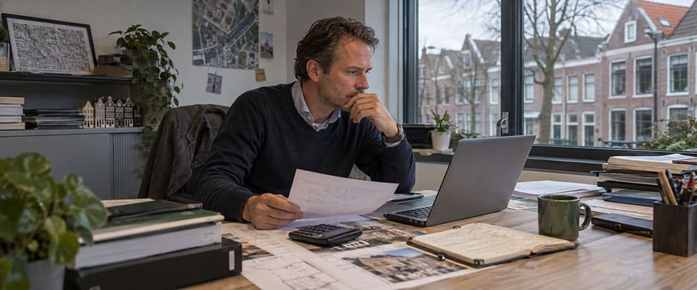 Vastgoedtaxateur analyseert taxatiegegevens en bouwtekeningen achter zijn laptop in een Nederlands kantoor